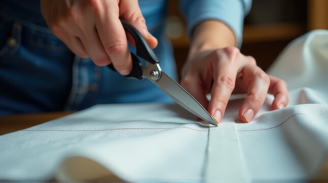 Close-up of hands cutting fabric with scissors in sewing workshop.