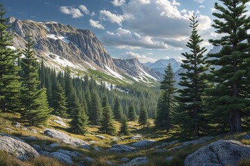 Fototapeta premium Rugged Natural Landscape with Firs Pines and Dappled Sunlight Scenery