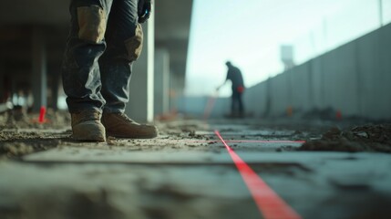 Obraz premium Surveyor using a laser tool to measure a construction site. Featuring accuracy and expertise