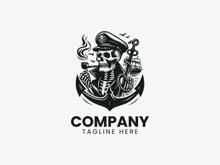 Fototapeta premium Grim Skeleton Sailor Captain Hat Anchor Pipe Vector Logo Design
