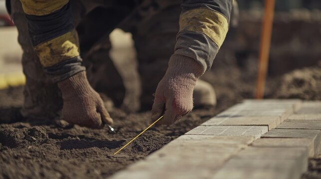 A construction worker marking lines for brick placement. Featuring accuracy and planning