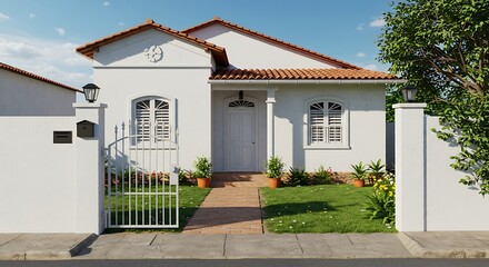 Typical Brazilian suburban home with white facade, iron gate, green garden, and front patio with potted plants, representing traditional Latin American residential architecture and lifestyle