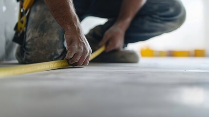 A construction worker measuring a floor area with a tape measure. Featuring precision and focus