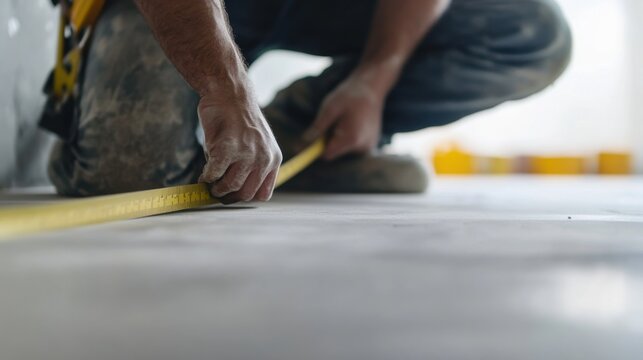A construction worker measuring a floor area with a tape measure. Featuring precision and focus