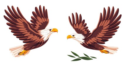 Two Majestic Eagles in Flight with Wings Spread Wide and Olive Leaves