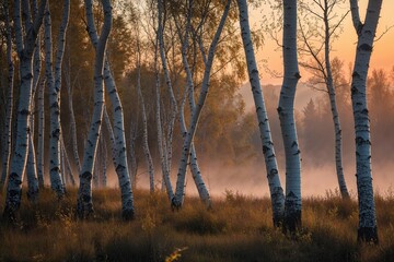 Obraz premium Enchanting Birch Tree Scenery with Dreamy Dusk Atmosphere and Rustic Charm
