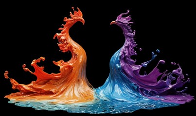 Colorful paint birds facing, splash art, black background, fantasy design