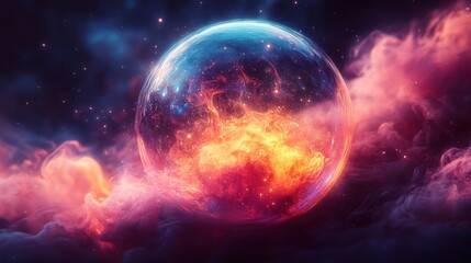 Obraz premium Enigmatic sphere of light and fire in a nebula of smoke and stars