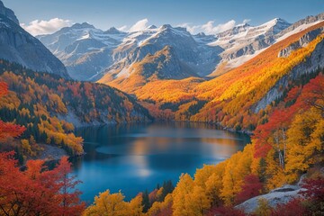 Naklejka premium Stunning Czechia Mountain Lake Enveloped by Colorful Autumn Leaves