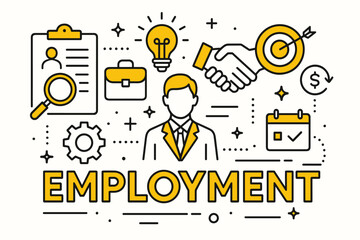 Obraz premium Employment. Modern flat line art illustration. Trendy outline vector graphic elements. Creative concept. Black and yellow colors isolated on white background
