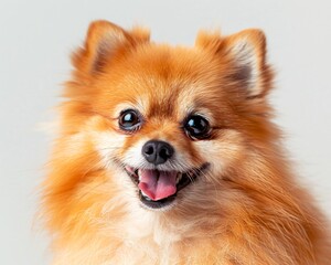 Obraz premium Pomeranian smiling fluffy fur like cotton ball round black eyes shining high quality pet portrait on a white background
