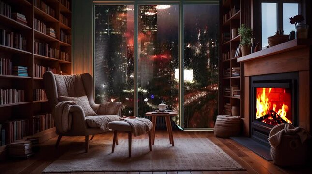 cozy room with fireplace , relaxing cozy for Work, Study, of the rainy city view for cozy bedroom

