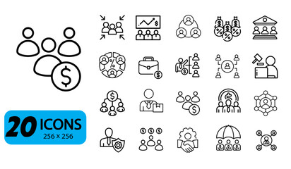 Set of 20 Stakeholder Icons, Outline Style, 256x256 Pixels