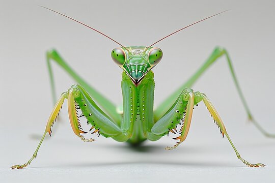 Praying mantis striking front leg raised sharp triangular face focused sleek green body detailed white background
