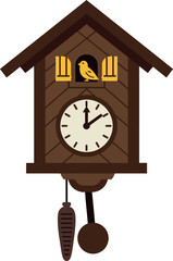 Cuckoo clock with intricate wooden design featuring a yellow bird, flat vector illustration