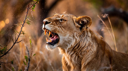 A powerful lioness roars defiantly at sunset, her golden mane ablaze in the warm African light, showcasing untamed strength and raw beauty.