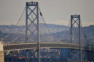 The Bay Bridge crosses the San Francisco Bay, linking Oakland and San Francisco