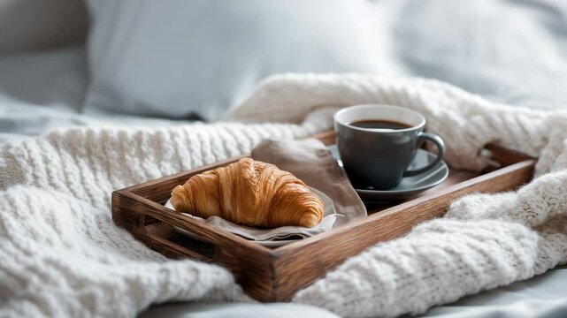 Slow flyover of croissant and coffee on bed &mdash; cozy breakfast in bed concept
