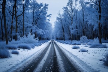 Fototapeta premium Winter Wonderland Scenic Trail to Icy Indigo Forest in Hauntingly Beautiful Snowy Landscape