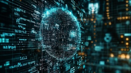 Obraz premium Global network data visualization; glowing sphere amidst digital code