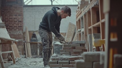 Fototapeta premium Mason working with a trowel at a construction site. Featuring precision and masonry skill