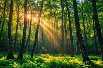 Obraz premium Lush Forest with Towering Trees and Sunlight Streaming Through
