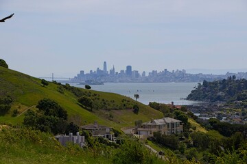 The San Francisco skyline and the Golden Gate Bridge peek over the hills of Marin County
