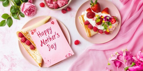 Sunday brunch with pink crepes for Mother&rsquo;s Day. Concepts: Love, gratitude, nurturing, care, family, appreciation, celebration, motherhood, bonding, tradition