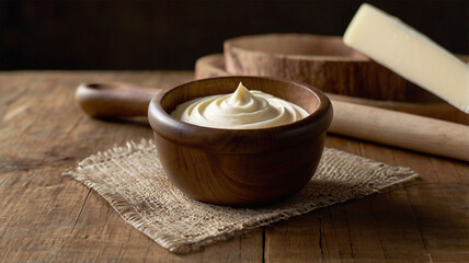 Creamy homemade mayonnaise in a rustic wooden bowl, a delightful culinary creation resting on...