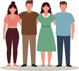 Obraz premium Four diverse friends standing together, smiling warmly, in a flat vector illustration