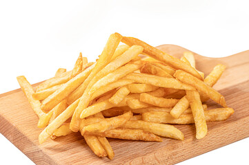 French fries on wooden cutting board on white background
