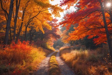 Fototapeta premium Tranquil Autumn Trail Bathed in Sunlight with Brilliant Fall Foliage