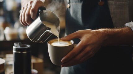 Barista steaming milk for a latte at a coffee shop. Featuring craft and warmth