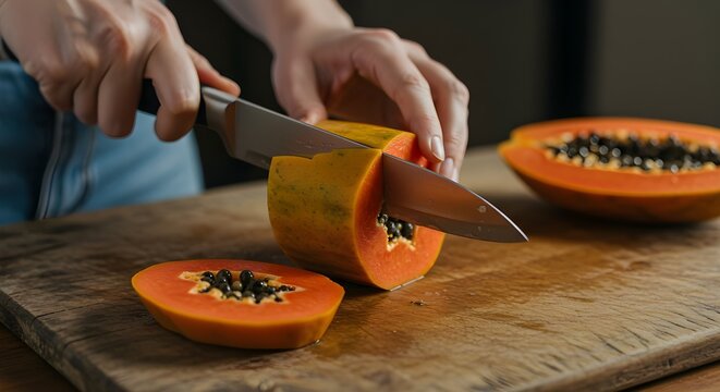 A close-up shot captures a pair of hands using a sharp kitchen knife to slice a ripe papaya on a rustic wooden cutting board