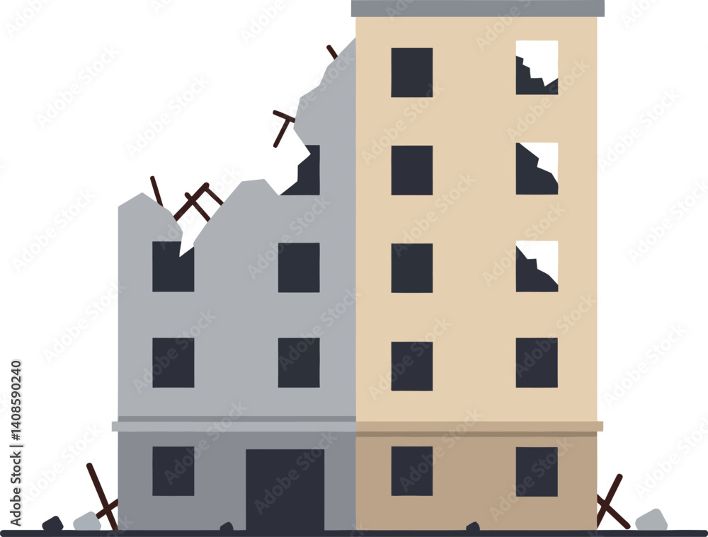 Poster damaged buildings with crumbled walls and broken windows in minimal vector art
