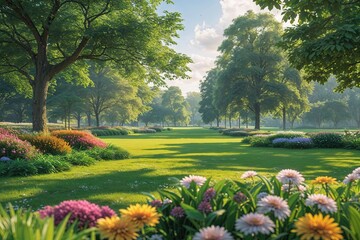 Fototapeta premium Tranquil View of a Sunlit Park with Lush Greenery and Vibrant Flowers