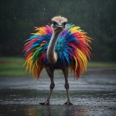 A rainbow-colored ostrich dancing in the rain.