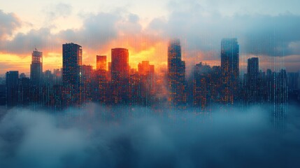 Fototapeta premium Cityscape at Dawn: A Digital Metropolis Emerging from the Mist