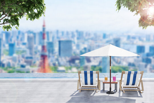 東京の風景が見渡せるラグジュアリーホテル。ＣＧ画像でＡＩ画像ではありません。 A luxury hotel with a panoramic view of Tokyo. This is a CG image, not an AI image.	
