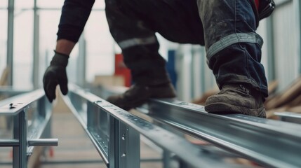 Metal fabricator welding steel beams at a workshop. Featuring sparks and precision