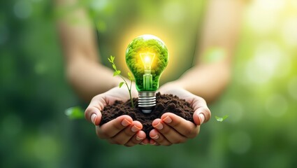 Hand holding a glowing light bulb with green leaves and plants