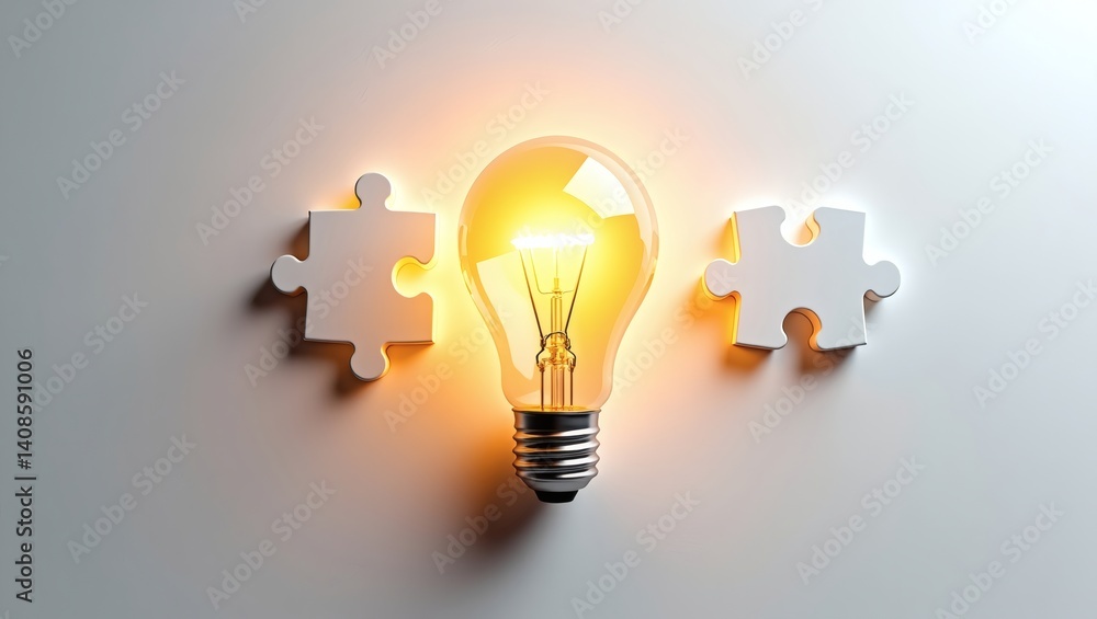 Poster an illuminated lightbulb with puzzle pieces, symbolizing an idea or solution to a problem