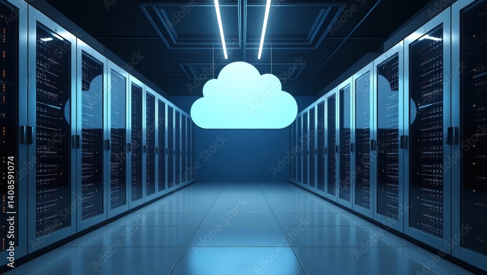 Poster A data center with a large cloud in the middle, representing the concept of cloud computing and data storage