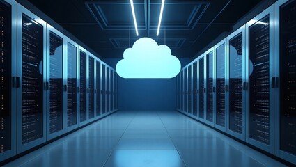 A data center with a large cloud in the middle, representing the concept of cloud computing and data storage