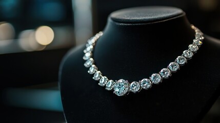 A diamond necklace displayed on a black velvet stand