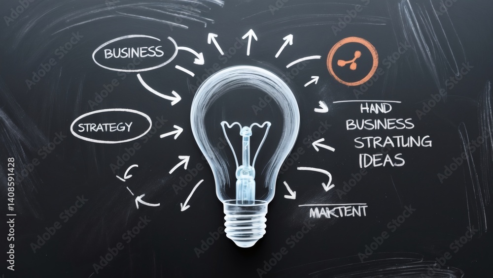 Poster a conceptual representation of business strategy and ideas, embodied in an illuminated lightbulb with surrounding elements 