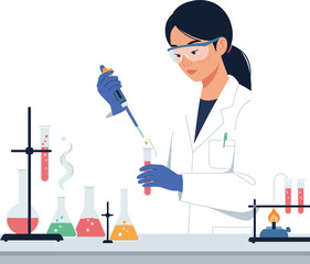 Scientist conducting experiments in a laboratory with colorful liquids in flat vector art