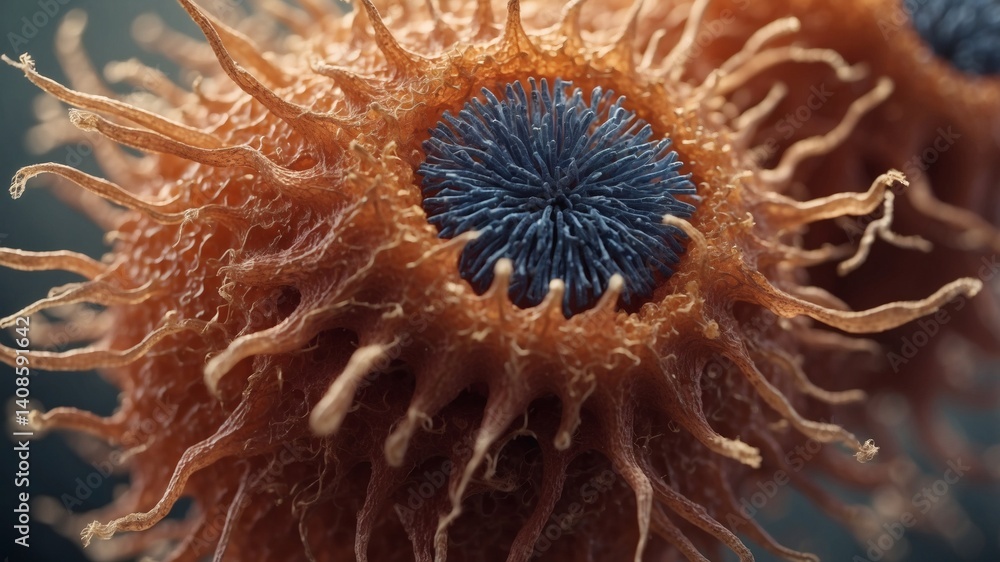 Poster a close-up of a single cell with a blue nucleus and intricate orange filaments, as seen under a micr