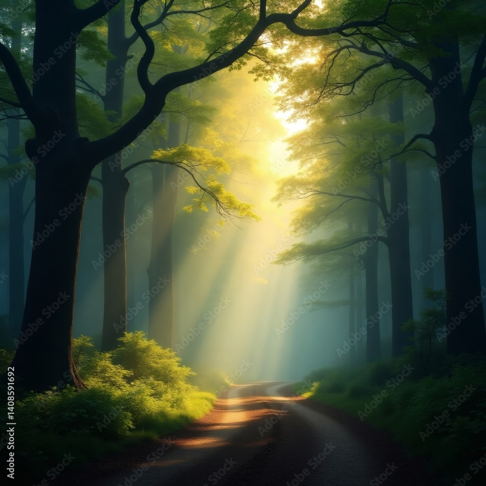 Poster Sunlight streaming through the trees of an enchanting forest, casting a magical glow on a winding path
