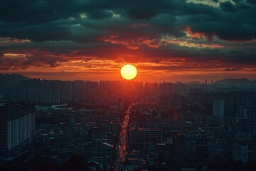 Aerial view of city skyline at sunset with orange sky and glowing lights